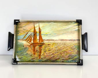 Vintage Nautical Serving Tray Sailing Ship Metal Tray Mid Century Marine