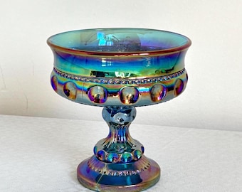 Vintage Blue Carnival Glass Candy Dish: King's Crown Iridescent Compote