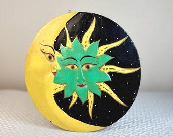 Vintage Celestial Sun Moon Wall Hanging, Double Sided Hand Painted Wooden Plaque