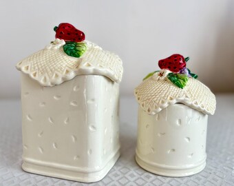 Vintage Tea Bag Dispenser Set  Ceramic Tea Holder & Sugar Bowl with Strawberry Topper  Cottagecore Country Kitchen Serving Ware Housewarming