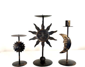 Lot de 3 bougeoirs vintage soleil céleste et lune