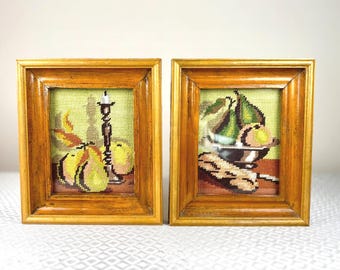 Vintage 70s Needlepoint Fruit Art Set, Framed Embroidery Cottagecore Wall Decor
