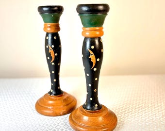 Vintage Wooden Candlestick Holder Set – Handpainted Moon and Stars Folk Art