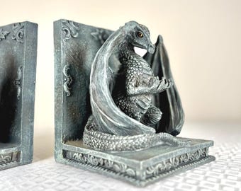 Vintage Gothic Dragon Bookends Set of 2 | Grey Resin Fantasy Dragon Statues | Medieval