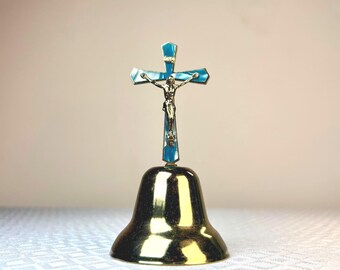 Vintage Brass Crucifix Bell Blue Enamel Cross Religious