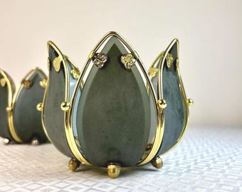 Vintage Lotus Candle Holder Brass & Smokey GLass Water Lily