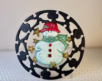 Vintage Christmas Snowman Cast Iron Trivet | Hand Painted Holiday Hot Pot Stand
