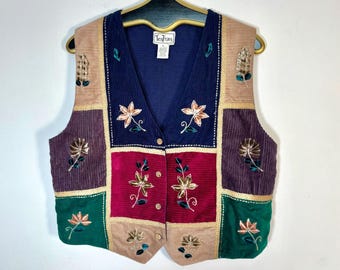 Vintage Patchwork Embroidered Vest Boho Corduroy Velvet Floral