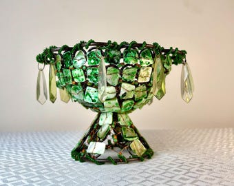 Vintage groen mozaïek voetstuk kom kralen draadmand Boho Catchall