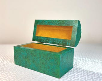 Vintage Teal Wooden Jewelry Box, Domed Lid Keepsake Organizer, Gold Hinges, Mustard Lined