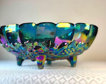 Vintage Indiana Glass Blue Carnival Bowl Iridescent Fruit Dish Retro Glass