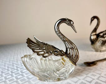 Vintage Crystal Swan Salt Cellars Silver Spice Containers