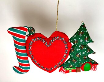 Vintage Holiday JOY Decoration • Fabric Candy Cane Heart Christmas Tree Pillow