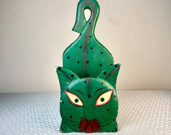 Vintage Folk Art Cat Wall Pocket Hand Painted Green Polka Dot Letter Rack