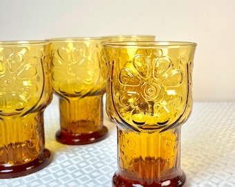 Vintage Libbey Country Garden Daisy Amber Juice Glasses Set of 4