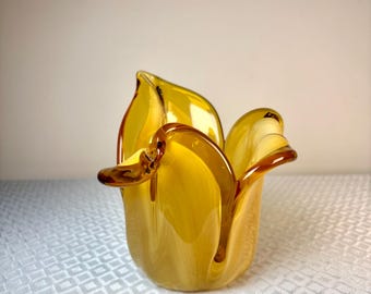 Vintage Murano Amber Glass Vase Hand Blown Italian Tulip