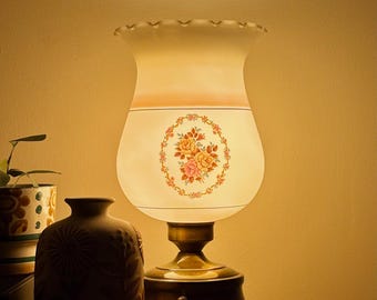 Vintage Milk Glass Table Lamp Floral Cottagecore