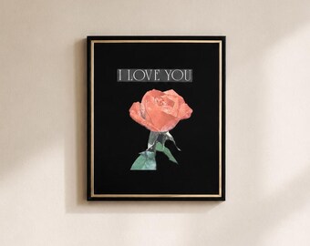 Cuadro decorativo "Te amo" con rosa – Placa 3D de rosa roja en marco negro y dorado