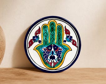 Plato de pared Hamsa vintage, cerámica pintada a mano, Mano de Fátima