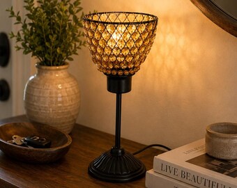 Lámpara de mesa estilo bohemio vintage • Pantalla con forma de cuenco de cuentas ámbar