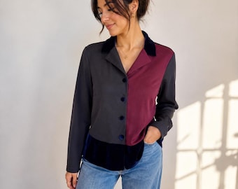 Vintage Colorblock Blouse • Black Velvet Top