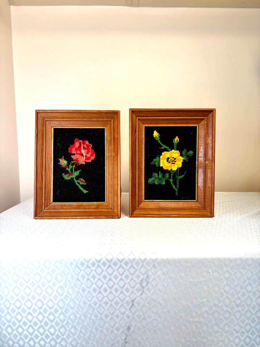 Vintage Framed Needlepoint Art Set of 2 • Floral Embroidery Wall Art - Etsy
