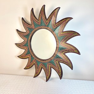 Boho Sunburst Wall Mirror – Vintage Wooden Mirror with Colorful Dots