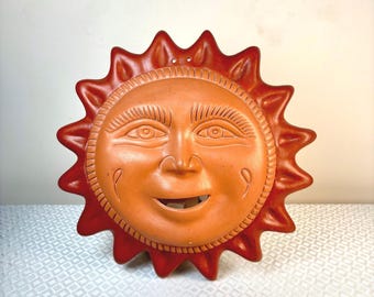 Vintage Terracotta Sun Wall Hanging | Boho Celestial Sun Face Plaque