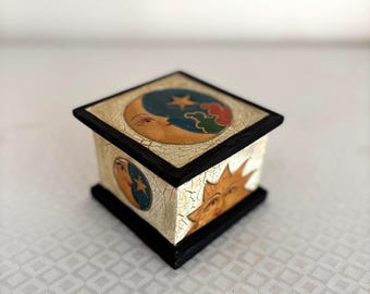 Vintage Celestial Sun & Moon Trinket Box: Hand-Painted Boho Decor
