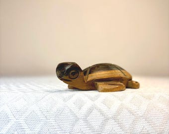 Vintage Hand Carved Wooden Turtle Figurine Small Wood Tortoise Sculpture