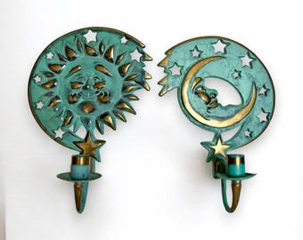 Sun Moon Stars Kaarsenhouderset • Groene messing hemelse wandkandelaar