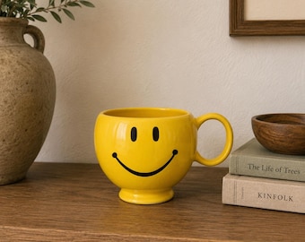 Vintage-Tasse mit Smiley-Gesicht | Gelbe Teleflora-Kaffeetasse mit Smiley-Gesicht