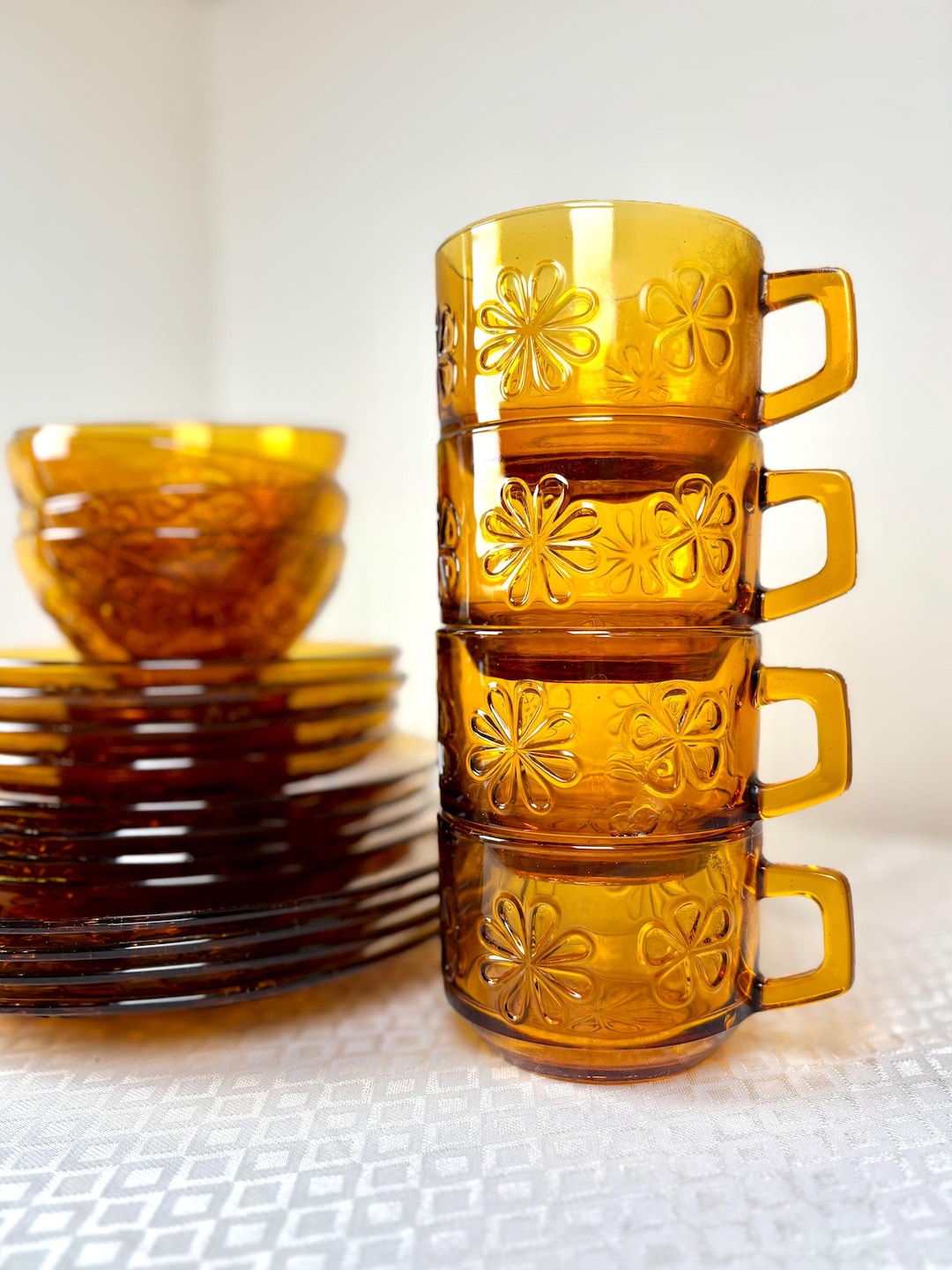 Vintage Vereco Amber Glass Dinnerware Set • French Retro Daisy Pattern • 20pc