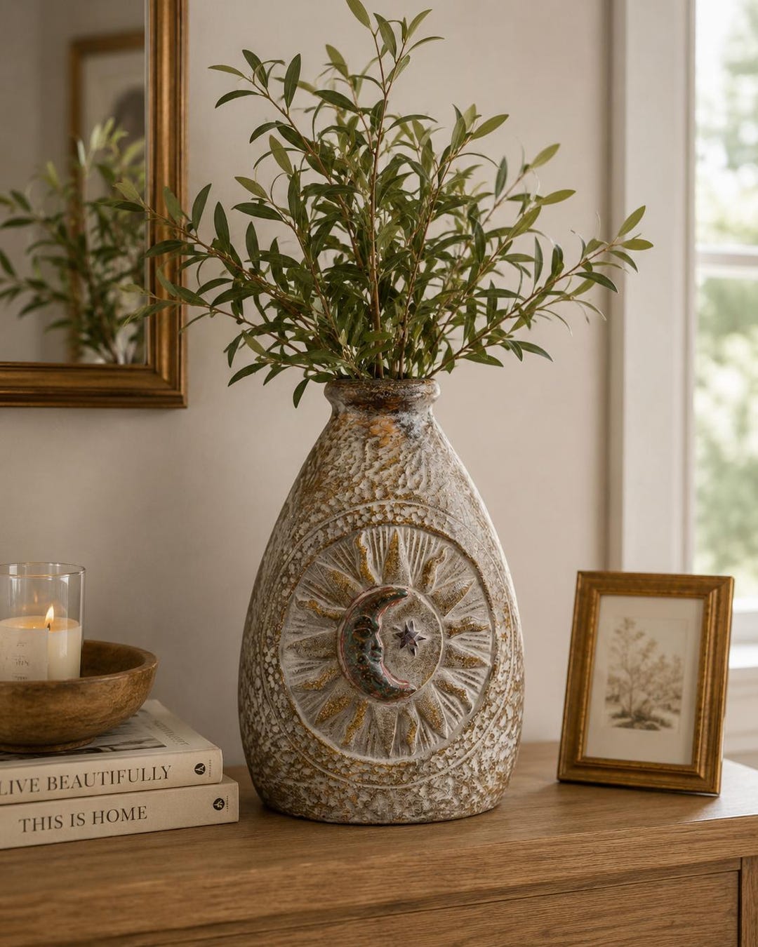 Vintage Terracotta Sun Moon Vase | Large Clay Pottery Face Vessel