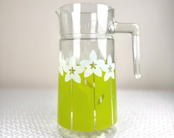 Vintage Green Floral Glass Pitcher Flower Power Lime Green Stripe Glassware Retro