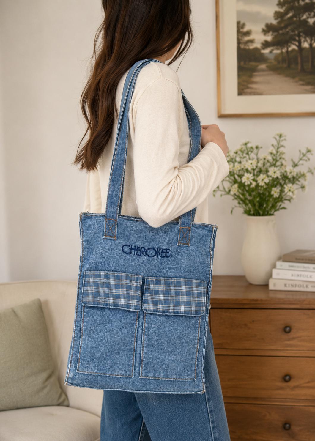 Vintage 90s Cherokee Plaid Denim Handbag: Y2K Grunge Shoulder Bag