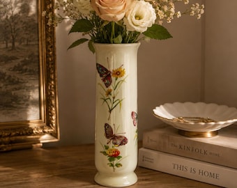 Vintage knopvaas ivoor porselein vlinder bloemen