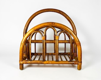 Vintage Bamboo Magazine Holder | Boho Rattan Rack | Mid-Century Modern Storage