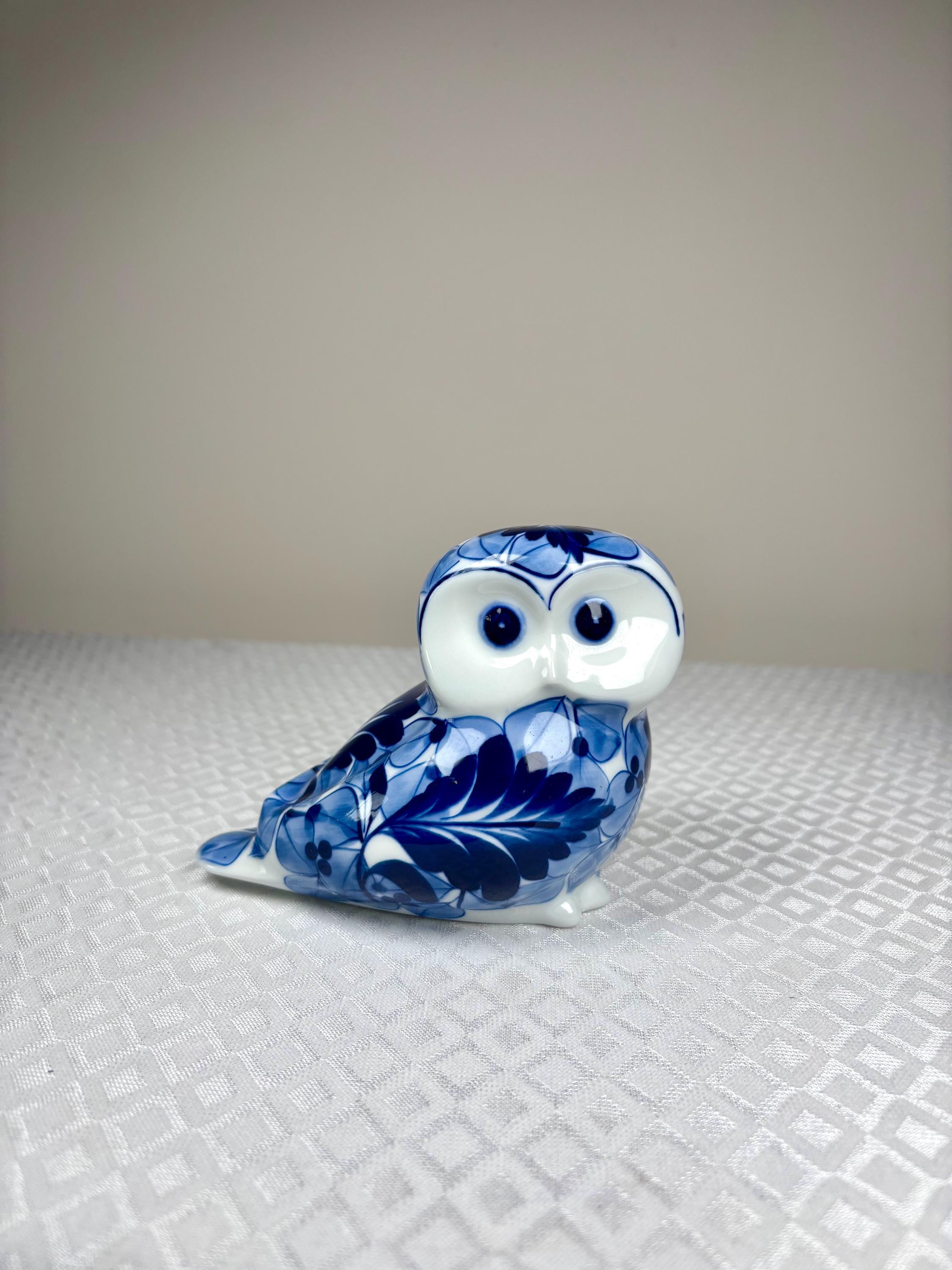 Vintage Blue & White Owl Figurine | Ceramic Bird Statue | Floral Porcelain