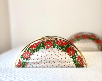Vintage Hand-Painted Glass Napkin Holder – Christmas Poinsettia Design