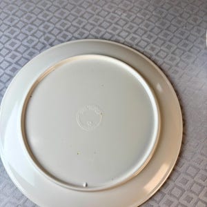 Op de afbeelding: Een witte keramische plaat, van de onderkant bekeken, met een licht verhoogde rand. Het midden heeft een cirkelvormige stempel met tekst. De plaat heeft een gladde, glanzende afwerking en ligt op een getextureerde, lichtgrijze achtergrond.