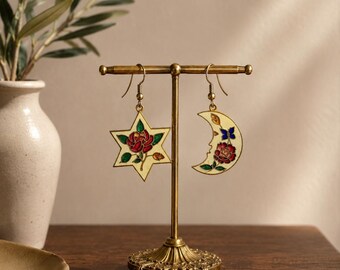 Vintage Celestial Mismatched Earrings Moon Star Floral Enamel Dangle
