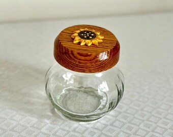 Glass Canister with Sunflower Wood Lid: Boho Kitchen & Desk Organizer