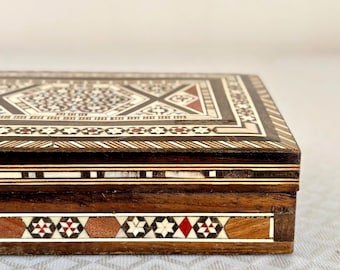 Vintage Marquetry Box: Mother of Pearl Inlay, Handmade Jewelry Keepsake