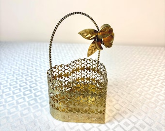 Vintage Brass Filigree Basket | Heart Shaped Metal Trinket Holder