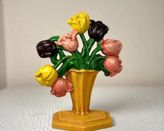 Vintage gietijzeren deurstopper | Handgeschilderde tulpenvaas | Bloemen boerderij kinderkamerdecoratie | Verzamelobject