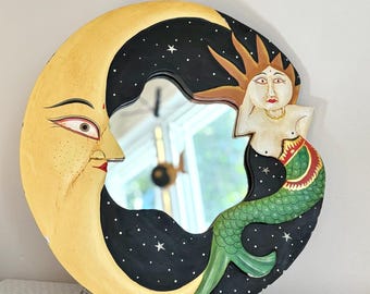 Vintage Celestial Moon-spiegel – handgesneden houten zeemeerminspiegel