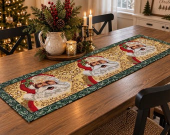 Vintage Santa Claus Christmas Table Runner, Woven Tapestry Holiday Table Decor, Traditional Christmas