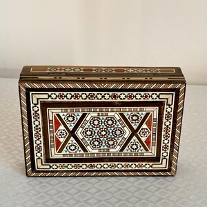Vintage Marquetry Box - Mother of Pearl Inlay, Geometric Pattern, Red Interior, Rare Handmade Jewelry Keepsake, Unique Gift, Collectible