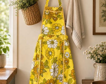 Vintage 1970s Floral Apron | Retro Yellow Flower Power | Full Bib